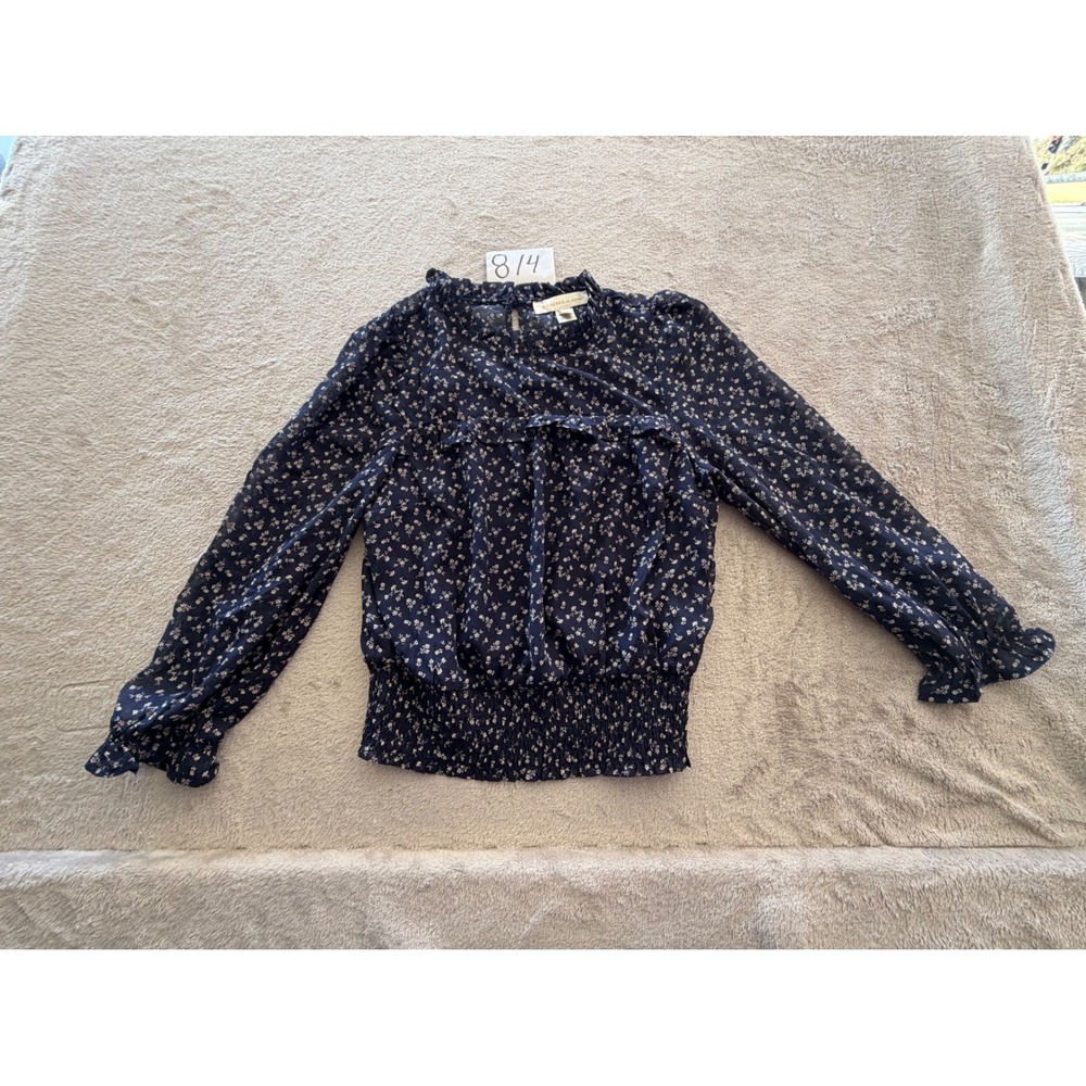 Monteau Blouse Womens Medium Navy Blue Floral Smocked Ruffle Top